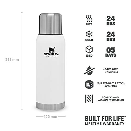 Stanley Adventure Stainless Steel Vacuum Bottle 1L Polar White – Botella Termica 1 Litro - Cantimplora Acero Inoxidable - Sin BPA - Mantiene Frío o Calor 24 Horas - Tapa Doble que Sirve de Taza