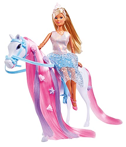 Steffi Love Riding Princess - Muñeca de Princesa con Caballo, Totalmente móvil, con Cepillo, Clip para el Pelo y Dos mechones, 29 cm, para niños a Partir de 3 años