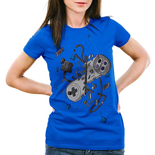 style3 16-bit Mando Camiseta para Mujer T-Shirt SNES NES Kart Yoshi Luigi Mario, Color:Azul, Talla:M