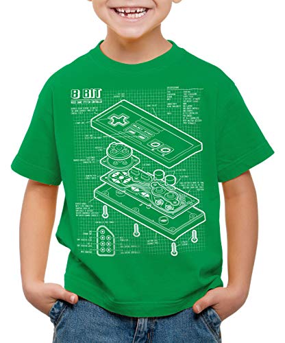 style3 NES Controlador Fotocalco Azul Camiseta para Niños T-Shirt 8-bit Mario Donkey Bros Kong, Color:Verde, Talla:164