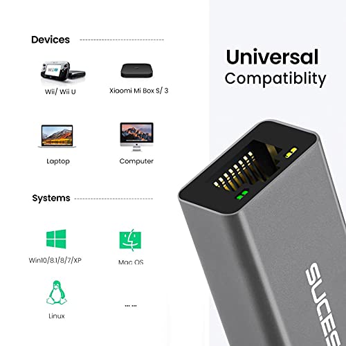 SUCESO Adaptador de Red USB 3.0 a RJ45 Gigabit Ethernet,Adaptador de Red LAN 10/100/1000Mbps Ethernet Giga Tarjeta de Red Externa para Windows 10/8.1/8/7/Vista/XP, Macbook,Surface Pro,Chrome OS-Negro