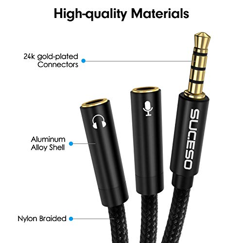 SUCESO Adaptador Jack Micro y Auriculares, Cable Splitter Divisor Micrófono y Audio Cable Divisor de Audio micrófono 3.5mm Macho a 2 Hembra para PS4,Xbox One,Laptop,Teléfonos,Headset,PC y MP3-35cm