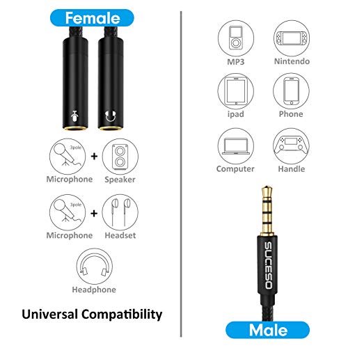 SUCESO Adaptador Jack Micro y Auriculares, Cable Splitter Divisor Micrófono y Audio Cable Divisor de Audio micrófono 3.5mm Macho a 2 Hembra para PS4,Xbox One,Laptop,Teléfonos,Headset,PC y MP3-35cm