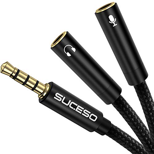 SUCESO Adaptador Jack Micro y Auriculares, Cable Splitter Divisor Micrófono y Audio Cable Divisor de Audio micrófono 3.5mm Macho a 2 Hembra para PS4,Xbox One,Laptop,Teléfonos,Headset,PC y MP3-35cm