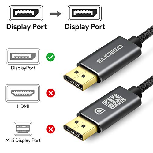 SUCESO Cable DisplayPort - 2 Metros, Cable DP a DP 4K@60Hz, 2K@144Hz, 2K@165Hz 3D Nylon Trenzado Cable Displayport a Displayport de Alta Velocidad Compatible con HDTV, PC, Laptop y Monitores