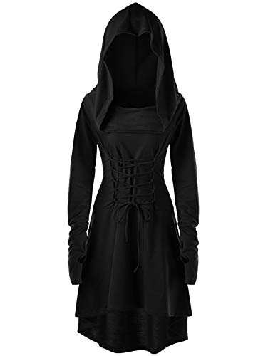 Sudadera de mujer con capucha, vestido de manga larga, disfraz de renacimiento de bruja, vestido vintage, suéter largo para Halloween, carnaval, Negro , S