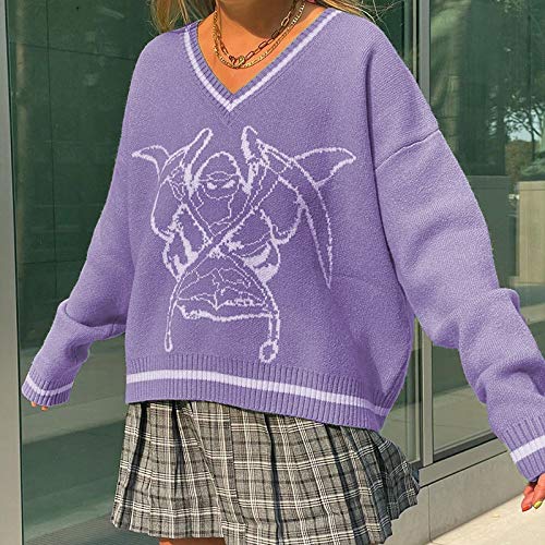 Suéter de punto de gran tamaño con cuello en V para mujer, estilo vintage y suéter de Argyle, para mujer, ropa estética (color: morado, tamaño: S)