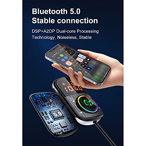 suloea Transmisor FM Bluetooth Coche 5.0, Manos Libres Reproductor Musica Coche Bluetooth,Adaptador Radio Bluetooth con Dual USB(QC3.0+Tipo C18W Carga Rápida),Soporte Tarjeta TF, Luz Colorida