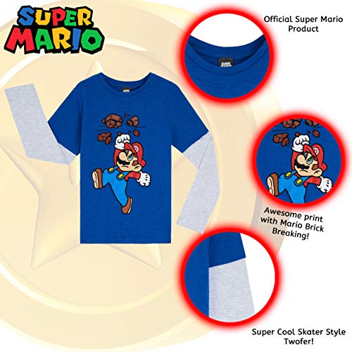 Super Mario Camiseta Niño, Camisetas de Manga Larga Azul y Roja con Mario Bros, Ropa para Niño de Algodon, Regalos para Niños y Adolescentes 3-13 Años (12-13 años, Azul/Gris)
