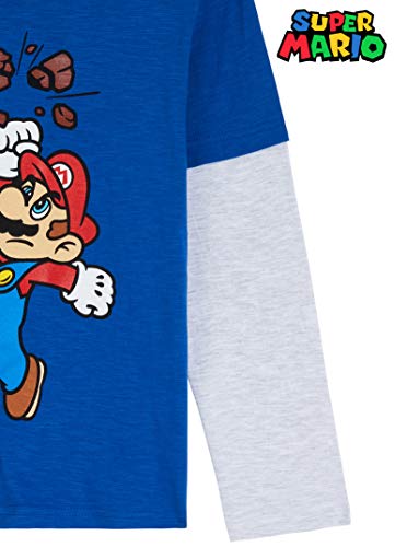 Super Mario Camiseta Niño, Camisetas de Manga Larga Azul y Roja con Mario Bros, Ropa para Niño de Algodon, Regalos para Niños y Adolescentes 3-13 Años (12-13 años, Azul/Gris)