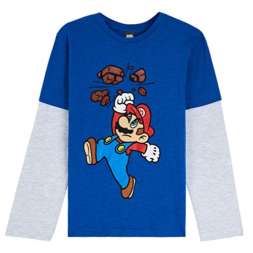 Super Mario Camiseta Niño, Camisetas de Manga Larga Azul y Roja con Mario Bros, Ropa para Niño de Algodon, Regalos para Niños y Adolescentes 3-13 Años (12-13 años, Azul/Gris)