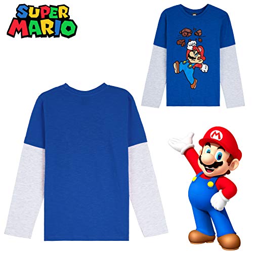 Super Mario Camiseta Niño, Camisetas de Manga Larga Azul y Roja con Mario Bros, Ropa para Niño de Algodon, Regalos para Niños y Adolescentes 3-13 Años (12-13 años, Azul/Gris)