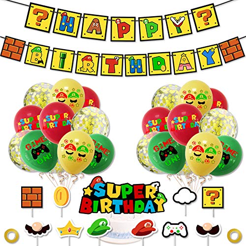 Super Mario Party Supplies Super Mario Globos Super Mario Cumpleaños Pancartas Decoración para Fiestas Adorno de Torta para Niños Ducha de Bebé Fiesta de Cumpleaños