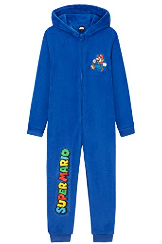 Super Mario Pijama Niño de Una Pieza, Pijama Entero con Mario Bros, Pijamas Niños de Forro Polar con Capucha, Regalos para Niños y Adolescentes 4-15 Años (Azul, 13-14 Años)