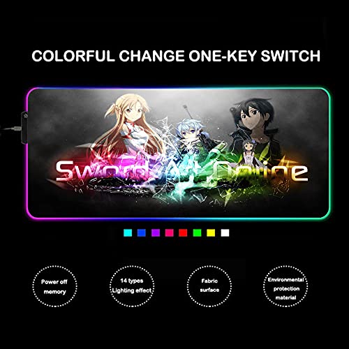 Sword Art Online Anime Gaming Alfombrillas de ratón LED Soft Extra Extended Large XXL Pc Alfombrilla De Escritorio Computadora 14 Modos De Luces 27.55 Pulgadas X 11.8 Pulgadas X0.16 Pulgadas