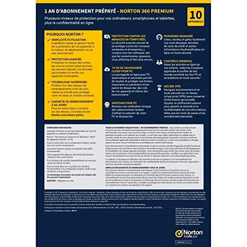 Symantec Norton 360 Premium - Caja (1 año), 10 Dispositivos de Almacenamiento en la Nube 75 GB