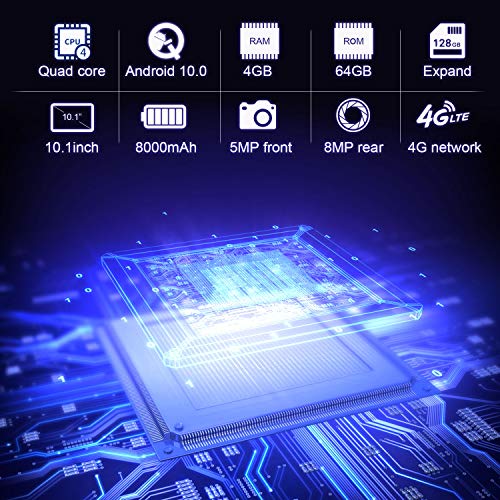 Tablet 10 Pulgadas 4GB de RAM 64GB/128GB de ROM Android 10.0 Certificado por Google GMS Tablet PC Barats y Buenas Batería 8000mAh Quad Core 4G Dual 8MP Cámara Netflix WiFi Bluetooth GPS OTG(Negro)