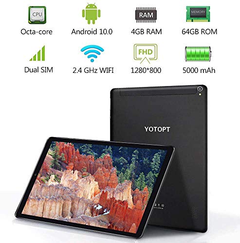 Tablet 10 Pulgadas, YOTOPT Android 10.0 Tablet PC con SIM, Processor SC9863 Octa-Core 1.6Ghz, 4GB RAM, 64GB ROM, 128GB Expandible, WiFi, GPS, Bluetooth 4.2, Type-C, Negro