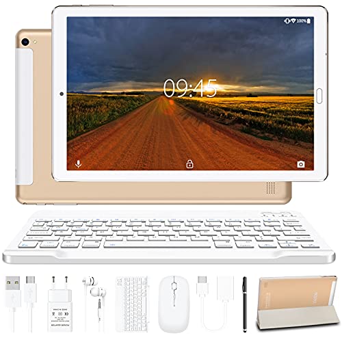 Tablet 10.0 Pulgadas YESTEL Android 10.0 Tablets con 4GB RAM + 64GB ROM - /WiFi | Bluetooth | GPS, 8000mAH, con Ratón | Teclado y Cubierta-Dorado