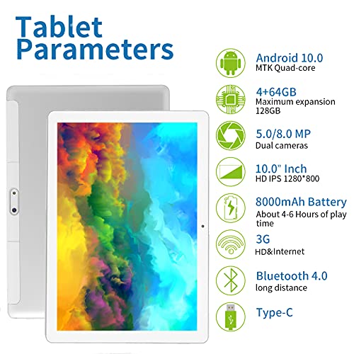Tablet de 10 Pulgadas, Android 10, Tablet pc con procesador de Cuatro núcleos, 4 GB de RAM, 64 GB de ROM, aparat 5 MP + 8 MP, 1280 x 800 (IPS HD), Tipo C, WiFi/GPS/Bluetooth 4.0(Plata)