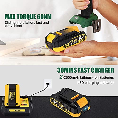 Taladro Atornillador Brushless, TECCPO Taladro Percutor a Batería 18V, 2×2.0Ah Baterías de Litio, 30min Cargador Rápido, 21+3 Ajustes Par, 35 Accesorios, 2 Velocidad Ajustable-TDHD02P