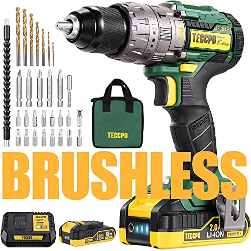 Taladro Atornillador Brushless, TECCPO Taladro Percutor a Batería 18V, 2×2.0Ah Baterías de Litio, 30min Cargador Rápido, 21+3 Ajustes Par, 35 Accesorios, 2 Velocidad Ajustable-TDHD02P