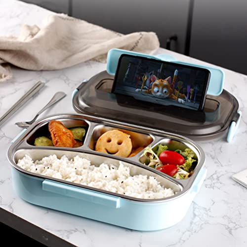 TangYang Fiambrera,Fiambrera Bento,Juego de Cubiertos Cajas Bento,Caja Bento de 4 Compartimentos a Prueba de Fugas con Utensilios Contenedor Soporte para teléfono Tapa Apto para lavavajillas Sin BPA