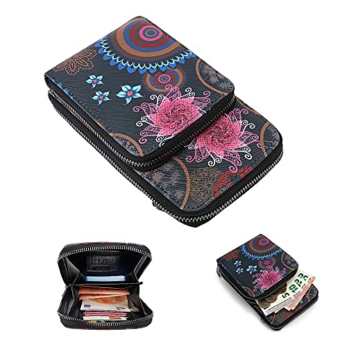 TAN.TOMI bolsa para teléfono móvil para andar por ahí, bolsa para teléfono móvil, bolso, bandolera, bandolera pequeña con correa desmontable, bolso para teléfono móvil con (Mandala Negro)