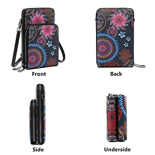 TAN.TOMI bolsa para teléfono móvil para andar por ahí, bolsa para teléfono móvil, bolso, bandolera, bandolera pequeña con correa desmontable, bolso para teléfono móvil con (Mandala Negro)