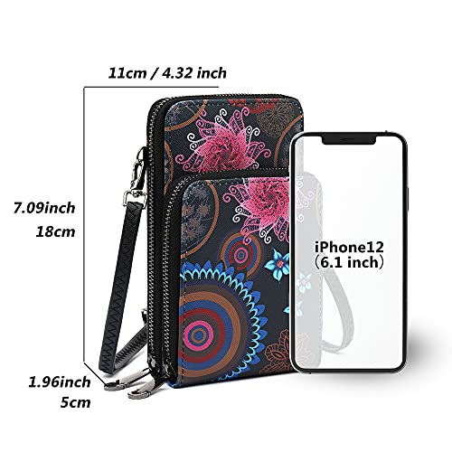 TAN.TOMI bolsa para teléfono móvil para andar por ahí, bolsa para teléfono móvil, bolso, bandolera, bandolera pequeña con correa desmontable, bolso para teléfono móvil con (Mandala Negro)