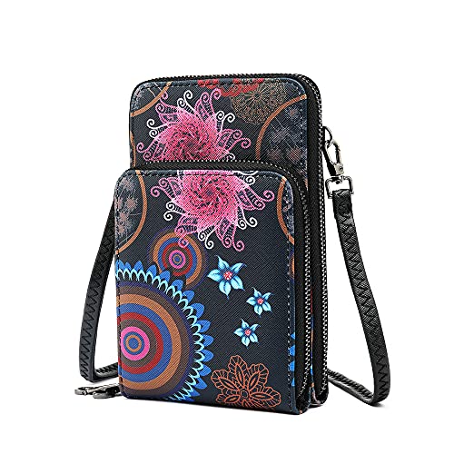 TAN.TOMI bolsa para teléfono móvil para andar por ahí, bolsa para teléfono móvil, bolso, bandolera, bandolera pequeña con correa desmontable, bolso para teléfono móvil con (Mandala Negro)