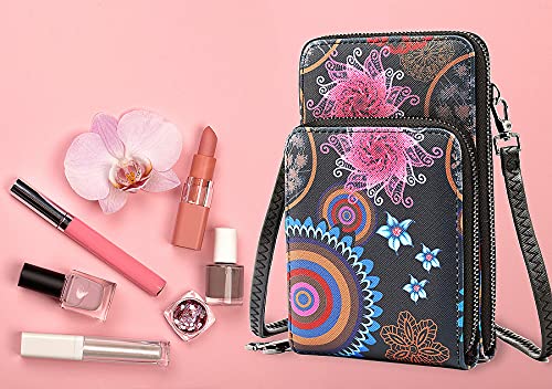 TAN.TOMI bolsa para teléfono móvil para andar por ahí, bolsa para teléfono móvil, bolso, bandolera, bandolera pequeña con correa desmontable, bolso para teléfono móvil con (Mandala Negro)