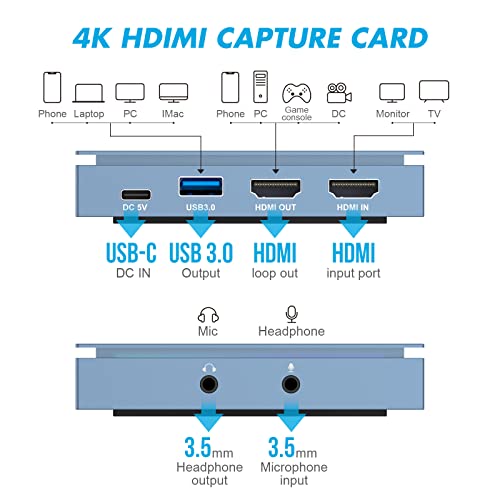Tarjeta de Captura de Video 4K HD, Loopout HDMI de latencia Cero, Soporta Efectos de iluminación ARGB, Compatible con VLC,OBS, Amca