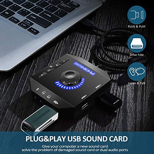 Tarjeta de Sonido Externa USB Audio Adaptador con 3.5mm Auriculares y Micrófono Control de Volumen Plug-Play para Fichas de Sonido Estéreo para Windows, Mac, PC, Portátiles de Escritorio - Negro