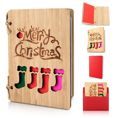 Tarjetas de Feliz Navidad, Tarjeta de Felicitación Navideña de Madera, Navidad Tarjeta de Felicitación Hecha a Mano, Cordeles de Tarjetas de Felicitación en Blanco con Sobres