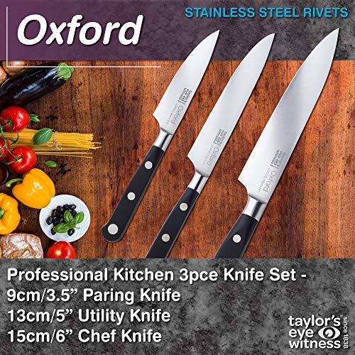Taylors Eye Witness OXFORD - Juego de cuchillos de cocina profesional de 3 piezas, 9 cm, 13 cm, 15 cm, cuchilla de espiga completa, afilada, acero inoxidable, mango clásico triple de acero inoxidable