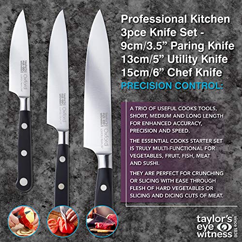 Taylors Eye Witness OXFORD - Juego de cuchillos de cocina profesional de 3 piezas, 9 cm, 13 cm, 15 cm, cuchilla de espiga completa, afilada, acero inoxidable, mango clásico triple de acero inoxidable