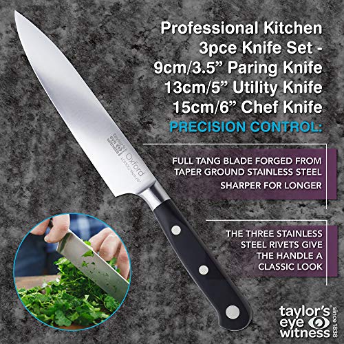 Taylors Eye Witness OXFORD - Juego de cuchillos de cocina profesional de 3 piezas, 9 cm, 13 cm, 15 cm, cuchilla de espiga completa, afilada, acero inoxidable, mango clásico triple de acero inoxidable