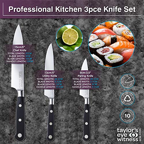 Taylors Eye Witness OXFORD - Juego de cuchillos de cocina profesional de 3 piezas, 9 cm, 13 cm, 15 cm, cuchilla de espiga completa, afilada, acero inoxidable, mango clásico triple de acero inoxidable