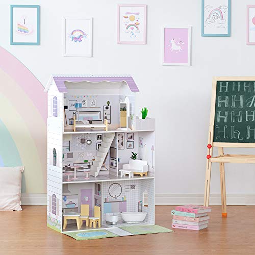 Teamson Kids Olivia's Little World Casa De Muñecas Grande De Madera en Morada con 3 Pisos y 16 Accesorios para Muñecas de 30cm TD-12383E