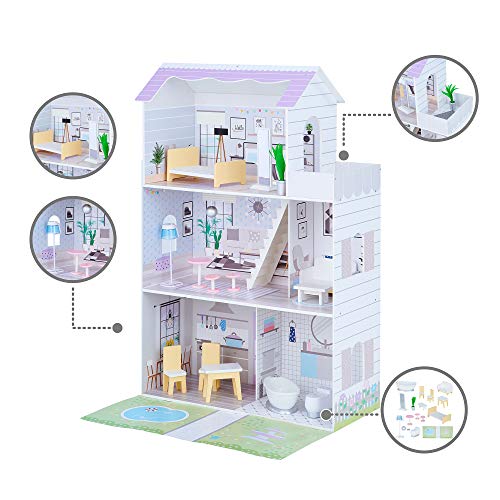 Teamson Kids Olivia's Little World Casa De Muñecas Grande De Madera en Morada con 3 Pisos y 16 Accesorios para Muñecas de 30cm TD-12383E