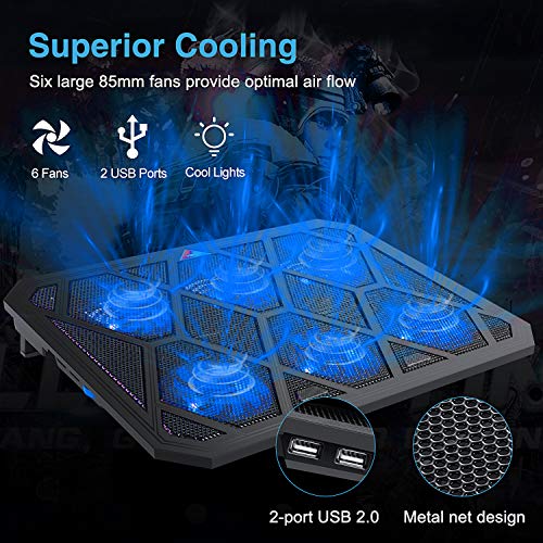 TECKNET Base de Refrigeración Gaming Ordenador Portátil hasta 19 Pulgadas, 6 Ventiladores Silenciosos y Potencias con LED Azul, 2USB 2 Niveles de Altura Ajustable