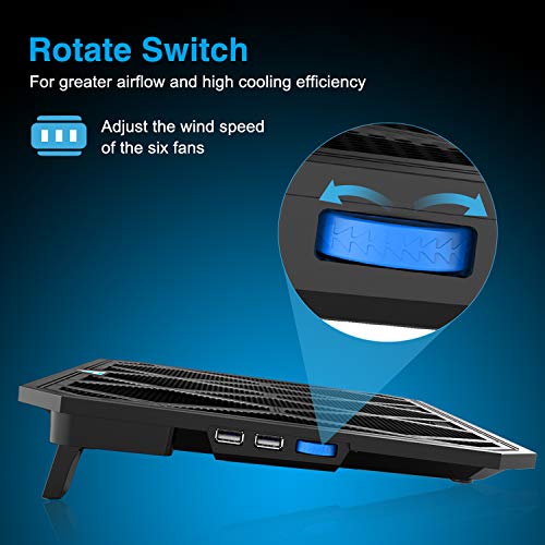 TECKNET Base de Refrigeración Gaming Ordenador Portátil hasta 19 Pulgadas, 6 Ventiladores Silenciosos y Potencias con LED Azul, 2USB 2 Niveles de Altura Ajustable