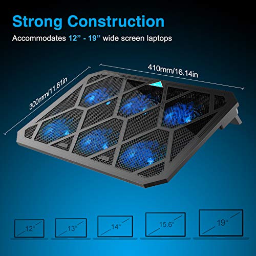 TECKNET Base de Refrigeración Gaming Ordenador Portátil hasta 19 Pulgadas, 6 Ventiladores Silenciosos y Potencias con LED Azul, 2USB 2 Niveles de Altura Ajustable