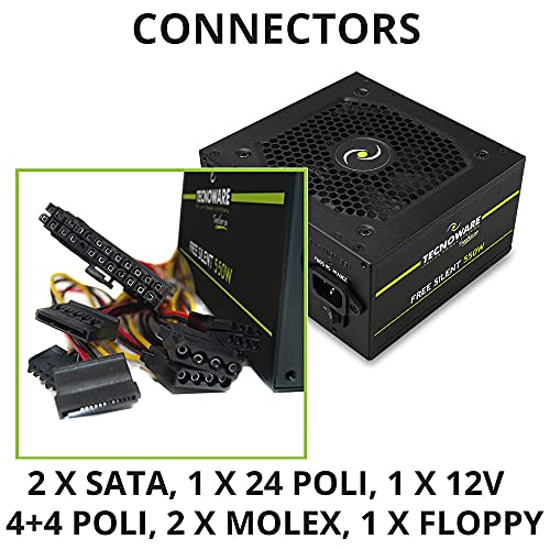 Tecnoware ATX 550W - Fuente de alimentación para PC - Ventilador silencioso de 12 cm - Conectores 2 x SATA, 1 x 24 Polos, 1 x 12 V 4 + 4 Polos, 2 x Molex, 1 x Floppy