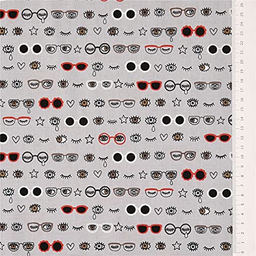 Tela gris de ojos gafas hileras rojo marrón blanco algodón de Kokka