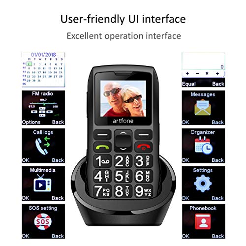 Teléfonos Móviles para Mayores con Teclas Grandes, artfone C1 Senior, Fácil de Usar Celular para Ancianos con Botón SOS y Base cargadora, Negro