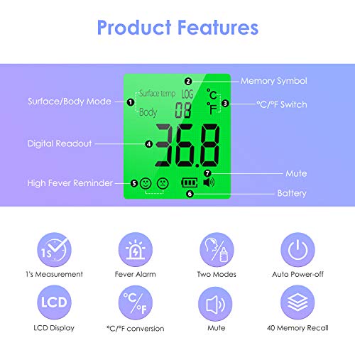 Termometro Infrarrojos para adultos Termómetro infrarrojo de frente Termómetro digital 2 en 1 Termómetros sin contacto con alarma función de memoria termómetro para bebés