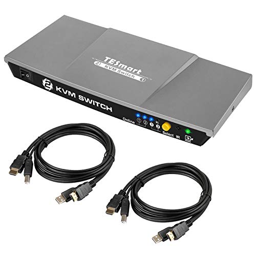 TESmart HDMI KVM Switch 4K 30Hz Caja del Conmutador con 2 Piezas de Cables KVM de 5 Pies Soporta el Control de Dispositivos USB 2.0 hasta 4 Computadoras/Servidores/DVR (Gris)