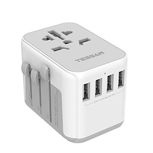 TESSAN Adaptador Enchufe de Viaje Universal, Internacional Adaptador Enchufes con 4 USB, Cargador Universal para EU, Reino Unido, Americano, Canadá, Australia y Otros países